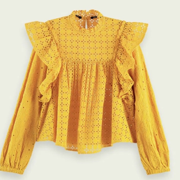 Scotch & Soda Yellow Eyelet Exaggerated Ruffle Top Size M Euro Summer Vibe! - Picture 13 of 13